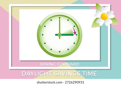 Clock showing the one hour change during the daylight saving time, also known as spring forward. Simple vector illustration with a flower and frame