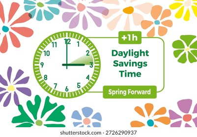 Clock showing the one hour change during the daylight saving time, also known as spring forward. Simple vector illustration with flowers