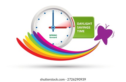 Clock showing the one hour change during the daylight saving time, also known as spring forward. Simple vector illustration with rainbow and butterfly