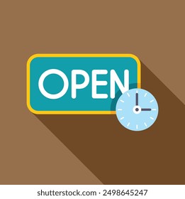 Clock showing open hours hanging on a wall sign