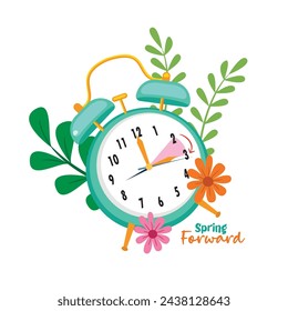 Clock Showing Three O'clock in the Afternoon, Adorned with Spring Flowers and Plants, Featuring the Text Spring Forward