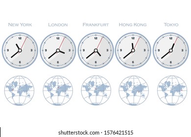 A clock showing the time of different time zones and a point on the map marking the time zone. Vector illustration on white background, isolate.