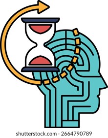 Um relógio é mostrado com um cérebro e uma cabeça de homem. O relógio está definido para a hora das 10:00