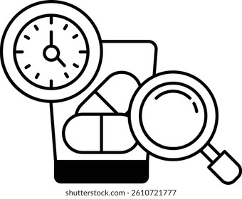 A clock is shown with a magnifying glass and a bottle of pills