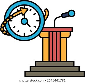 Um relógio é mostrado com um microfone e um pódio. O relógio está definido para a hora das 10:00. Conceito de passagem do tempo e a importância da gestão do tempo