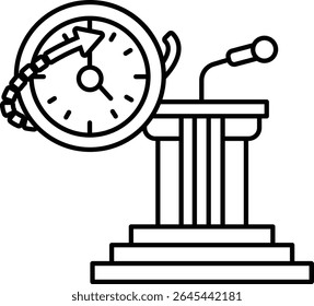 Um relógio é mostrado com um microfone e um pódio. O relógio está definido para a hora das 10:00. Conceito de passagem do tempo e a importância da gestão do tempo