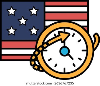 A clock is shown next to the American flag. The clock is orange and white and has a blue face. Concept of time passing and the importance of time management