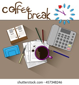 clock shows that it is time to drink coffee at work