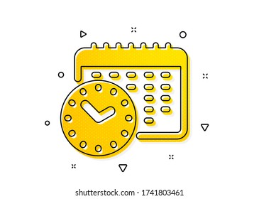 Signo de reloj. Icono de hora del calendario. Símbolo de observación. Patrón de círculos amarillos. Icono de hora de calendario clásico. Elementos geométricos. Vector