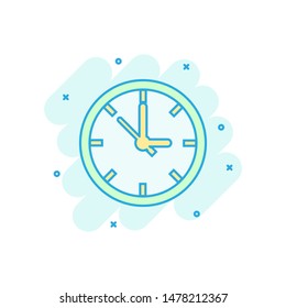 Clock sign icon in comic style. Time management vector cartoon illustration on white isolated background. Timer business concept splash effect.
