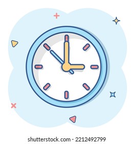 Icono de signo de reloj en estilo cómico. Ilustración de dibujos animados de vectores de manejo del tiempo sobre fondo aislado blanco. Efecto de inicio de concepto de negocio de temporizador.