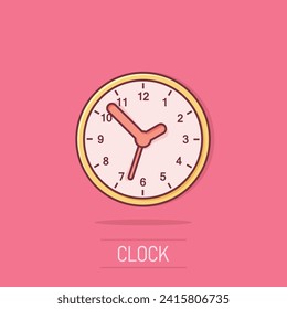 Clock sign icon in comic style. Time management vector cartoon illustration on white isolated background. Timer business concept splash effect.