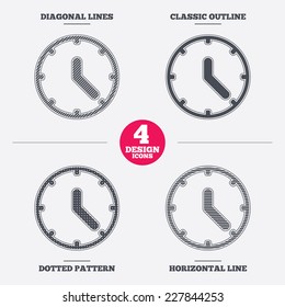 Clock sign icon. Mechanical clock symbol. Diagonal and horizontal lines, classic outline, dotted texture. Pattern design icons.  Vector