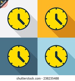 Clock sign icon. Mechanical clock symbol. Four squares. Colored Flat design buttons. Vector