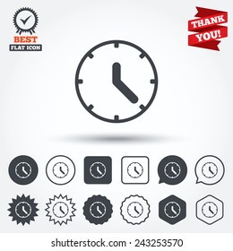 Clock sign icon. Mechanical clock symbol. Circle, star, speech bubble and square buttons. Award medal with check mark. Thank you ribbon. Vector