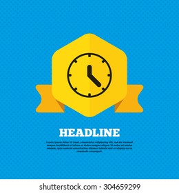 Clock sign icon. Mechanical clock symbol. Yellow label tag. Circles seamless pattern on back. Vector