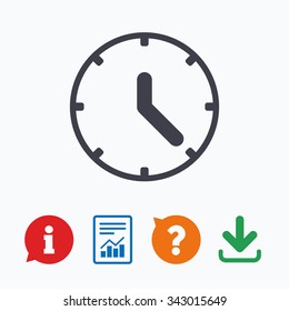 Clock sign icon. Mechanical clock symbol. Information think bubble, question mark, download and report.