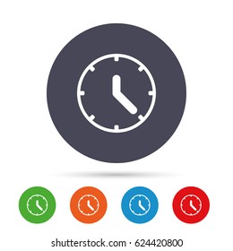 Clock sign icon. Mechanical clock symbol. Round colourful buttons with flat icons. Vector