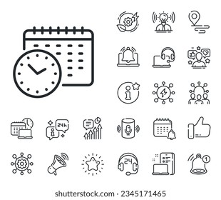 Signo de reloj. Coloque los iconos de la ubicación, la tecnología y el contorno del altavoz inteligente. Icono de línea de tiempo del calendario. Símbolo de observación. Signo de línea de tiempo del calendario. Influenciador, icono del embajador de la marca. Soporte, oferta en línea. Vector