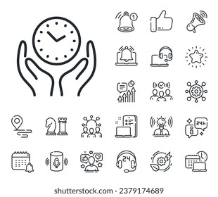 Signo de reloj. Coloque los iconos de la ubicación, la tecnología y el contorno del altavoz inteligente. Icono de línea de tiempo segura. Sostén el símbolo de reloj. Signo de línea de tiempo segura. Influenciador, icono del embajador de la marca. Soporte, oferta en línea. Vector