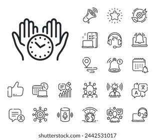 Uhrzeichen. Platzieren Sie die Symbole für Position, Technologie und intelligente Lautsprecherkonturen. Symbol für sichere Zeitleiste. Halten Sie das Uhrensymbol. Sichere Zeitleiste. Influencer, Markenbotschafter Ikone. Support, Online-Angebot. Vektor