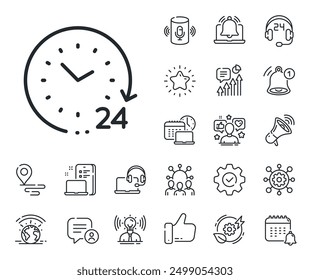 Clock sign. Place location, technology and smart speaker outline icons. 24 hours time line icon. Watch symbol. 24 hours line sign. Influencer, brand ambassador icon. Support, online offer. Vector