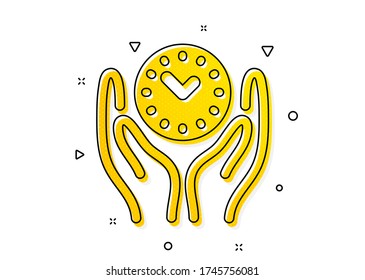 Signo de reloj. Icono de tiempo seguro. símbolo de administración de Office. Patrón de círculos amarillos. Icono de tiempo seguro clásico. Elementos geométricos. Vector