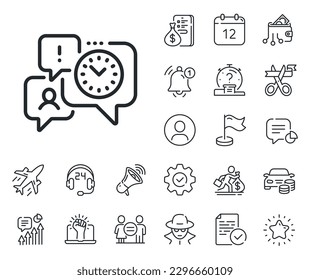 Clock sign. Salaryman, gender equality and alert bell outline icons. Time management line icon. Watch symbol. Time management line sign. Spy or profile placeholder icon. Online support, strike. Vector