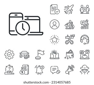 Clock sign. Salaryman, gender equality and alert bell outline icons. Time management line icon. Mobile devices symbol. Time management line sign. Spy or profile placeholder icon. Vector