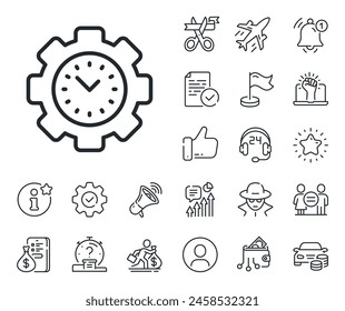 Clock sign. Salaryman, gender equality and alert bell outline icons. Time management line icon. Gear symbol. Time management line sign. Spy or profile placeholder icon. Online support, strike. Vector