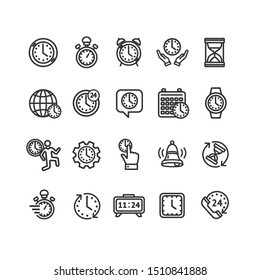 Clock Signs Black Thin Line Icon Set Include of Alarm, Gear and Hourglass. Vector illustration of Icons