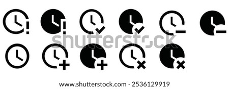 Clock with signs plus, minus, and forbidden sign line icon. Clipart image isolated on white background