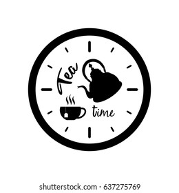 Clock silhouette with tea pot, cup and text Tea Time isolated on white background
