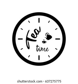 Clock silhouette with tea pot, cup and Tea Time text isolated on white background