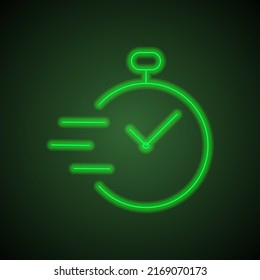 Clock simple icon vector. Flat design. Green neon on black background with green light.ai