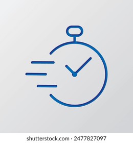 Clock simple icon vector. Flat design. Paper cut design. Cutted blue symbol with shadow. Gray background.ai