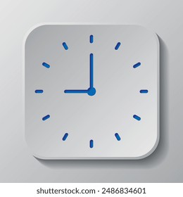 Clock simple icon vector. Flat design. Paper cut design. Cutted blue symbol with shadow. Gray badge button, gray background.ai