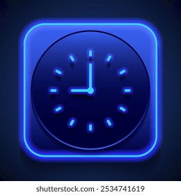 Clock simple icon vector. Flat design. Blue neon style on button. With shadow.ai