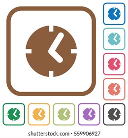 Clock simple icons in color rounded square frames on white background