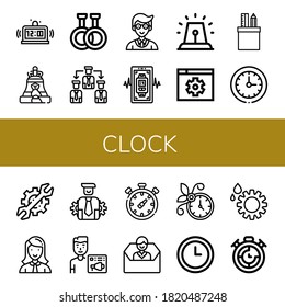 clock simple icons set. Contains such icons as Alarm, Bell, Rubber, Manage, Manager, Smartwatch, Settings, Stationery, Circular clock, Setting, can be used for web, mobile and logo