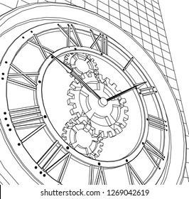 clock, sketch, 3d illustration
