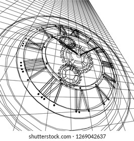 clock, sketch, 3d illustration