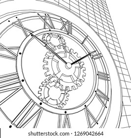 clock, sketch, 3d illustration