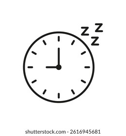 Clock With Sleep Symbol Line Icon. Sleep Schedule, Rest Timing, And Bedtime Routine Outline Symbol. Sleep Management And Health. Editable Stroke. Isolated Vector Illustration.