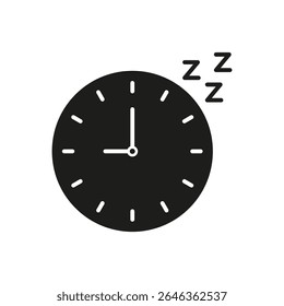 Clock With Sleep Symbol Solid Icon. Sleep Schedule, Rest, And Relaxation Timing Silhouette Symbol. Sleep Hygiene And Circadian Rhythm. Isolated Vector Illustration.