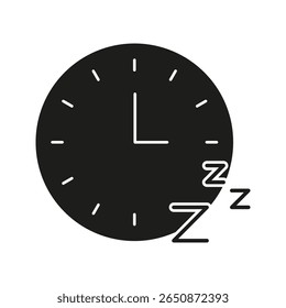 Clock With Sleep Symbol Solid Icon. Sleep Schedule, Rest, And Relaxation Timing Silhouette Symbol. Sleep Hygiene And Circadian Rhythm. Isolated Vector Illustration.