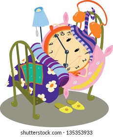 Clock sleeping in the bed