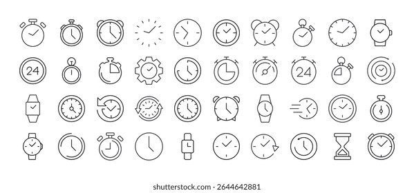 Relógio, Relógio Inteligente, Relógio Despertador, Pacote de Temporizador de Ícones de Linha Relacionados. Outline Signs para Gráficos e Web Design, Apps, Anúncios, Vários Cartões 