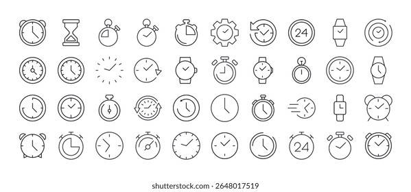 Relógio, Relógio Inteligente, Relógio Despertador, Timer Line Icon Pack. Outline Signs para Gráficos e Web Design, Apps, Anúncios, Vários Cartões 