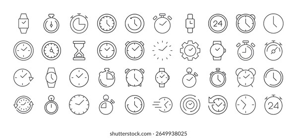 Clock, Smart Watch, Alarm Clock, Timer Thin Line Icon Set. Outline Signs for Graphic and Web Design, Apps, Adverts, Various Cards